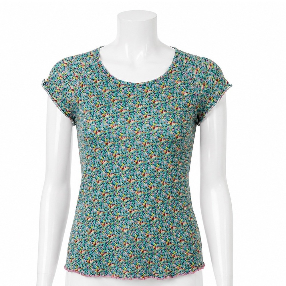 Natural Life Lily Printed Knit Tee Shirt Women's XS Teal Floral Lettuce Trim Top